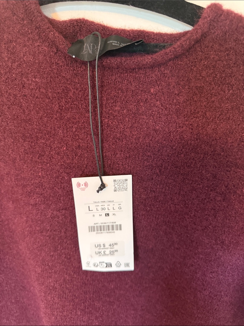 Zara Short-Sleeve Crew Sweater in Burgundy size L - Picture 2 of 6